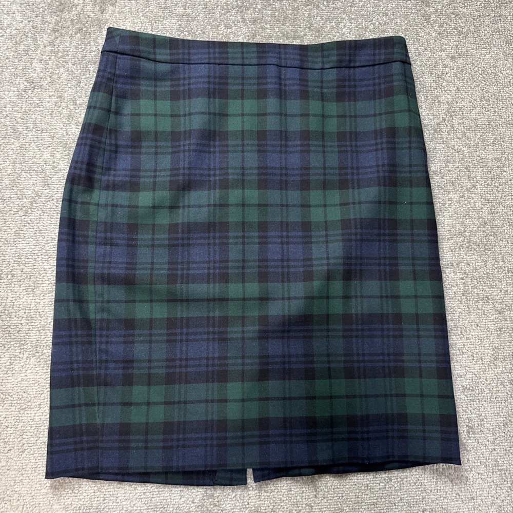 J. Crew Size 8 Wool Blend Pencil Skirt Plaid Tartan Blue Green